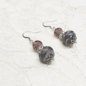 Unique Handmade Purple Crystal & Lavendar Ceramic Bead Earrings